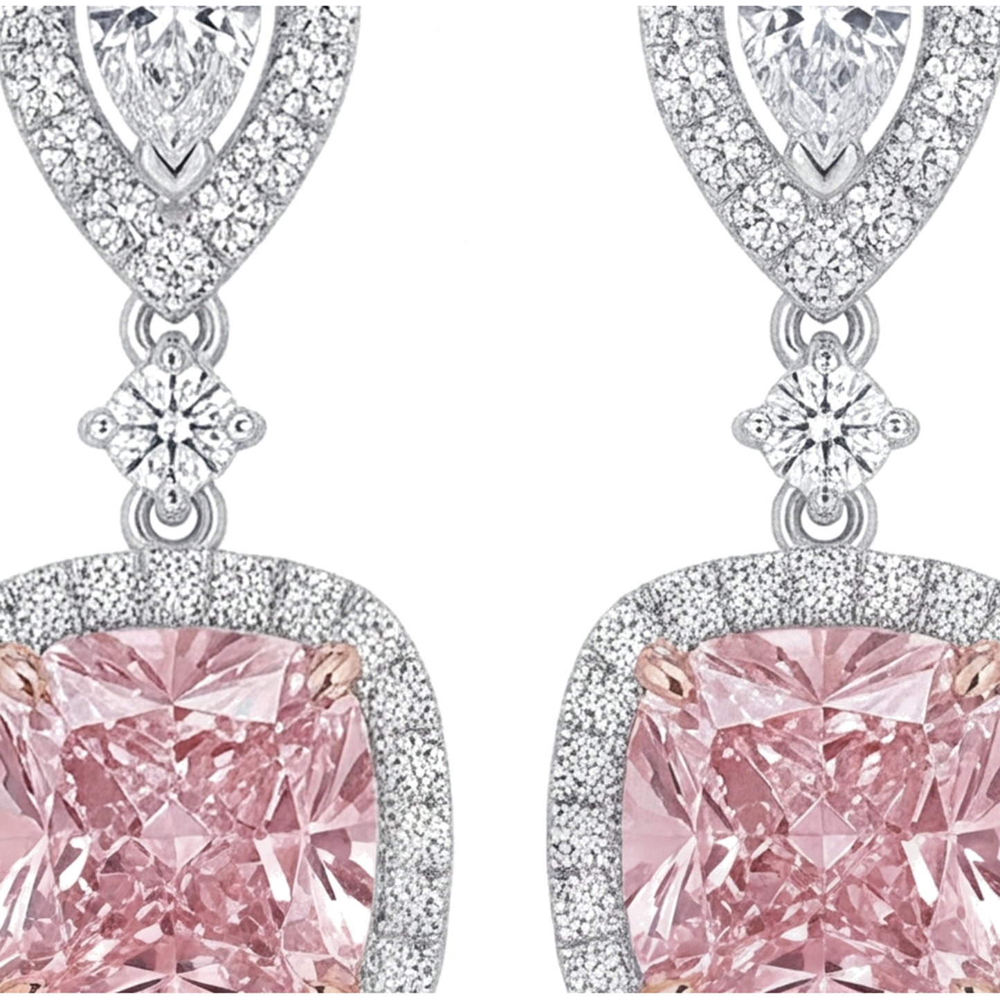 Tropfenohrringe mit rosa Diamanten, 5 Karat, im Labor gezüchtet, Kissen-Halo, Tropfenschliff-Oberteil, 14 Karat Weißgold
