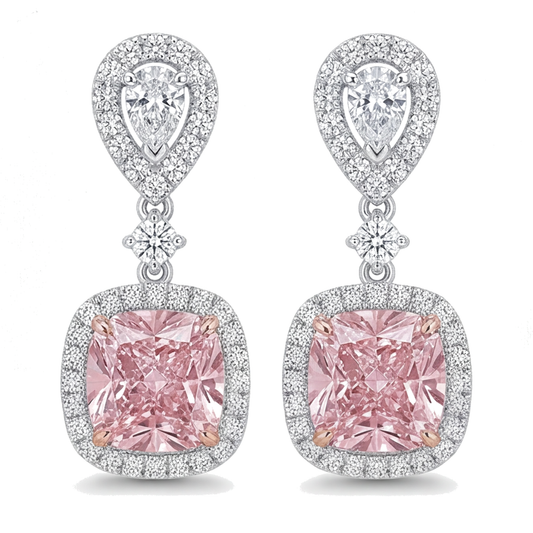 Tropfenohrringe mit rosa Diamanten, 5 Karat, im Labor gezüchtet, Kissen-Halo, Tropfenschliff-Oberteil, 14 Karat Weißgold