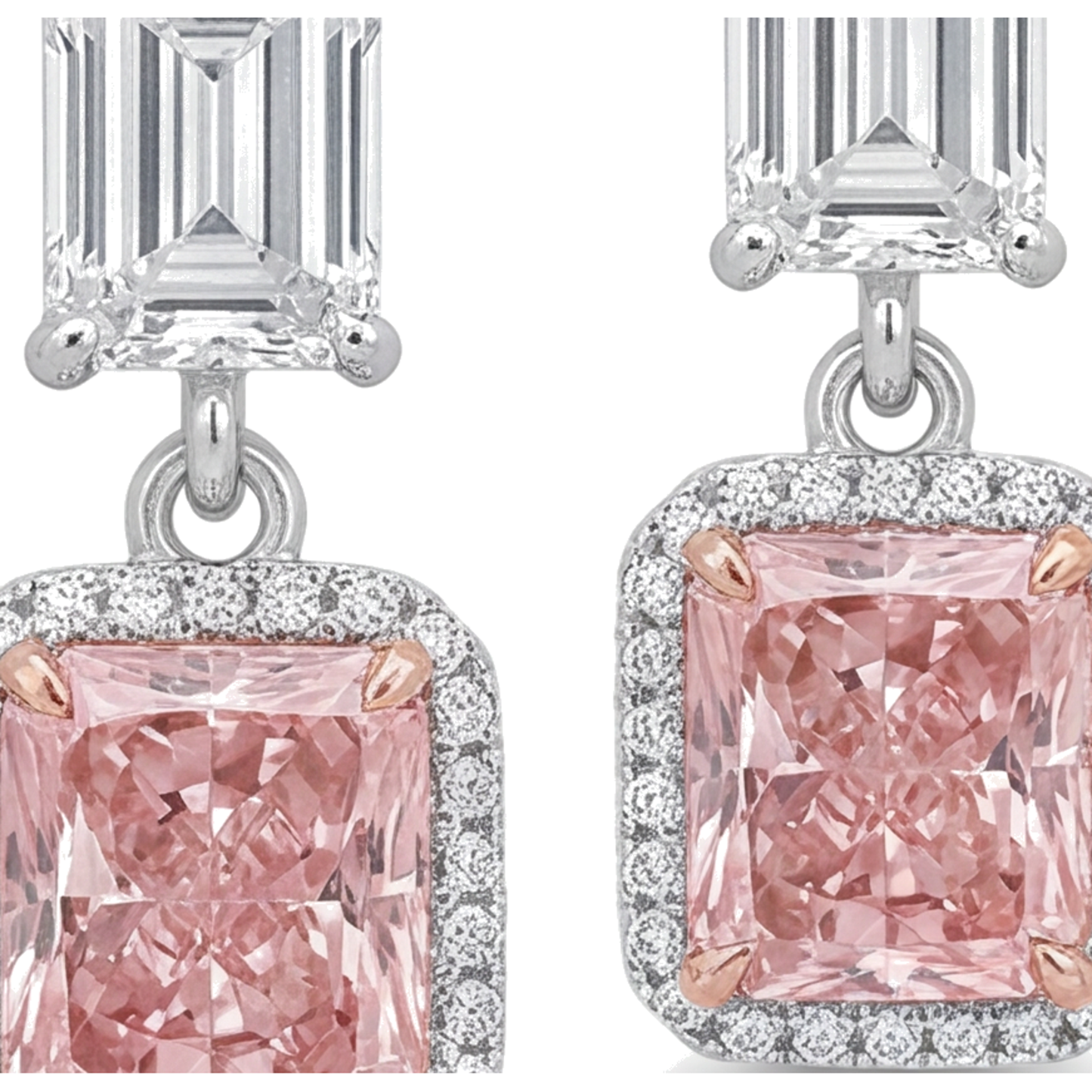 Tropfen-Ohrhänger mit im Labor gezüchteten rosa Diamanten, 5 Karat, Radiantschliff-Halo, Oberteile im Smaragdschliff, 14 Karat Weißgold