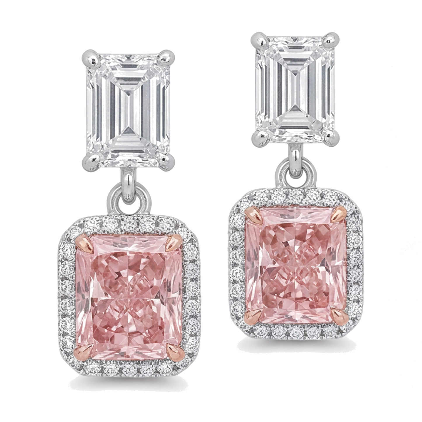 Tropfen-Ohrhänger mit im Labor gezüchteten rosa Diamanten, 5 Karat, Radiantschliff-Halo, Oberteile im Smaragdschliff, 14 Karat Weißgold