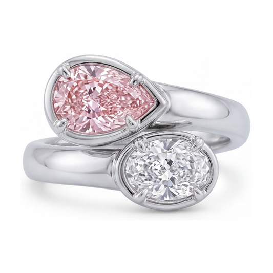 Rosa Diamantring, 3,2 Karat, Tropfenschliff, Toi et Moi, geschwungen