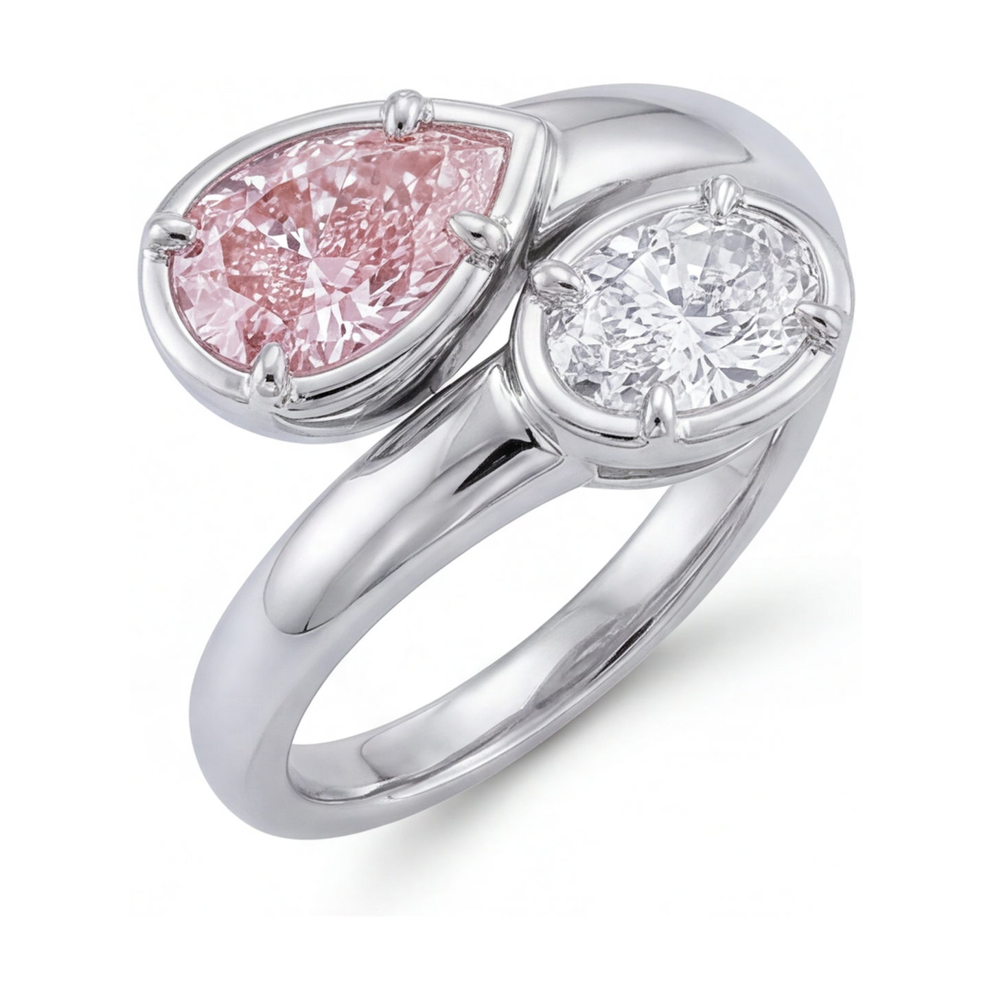 Rosa Diamantring, 3,2 Karat, Tropfenschliff, Toi et Moi, geschwungen