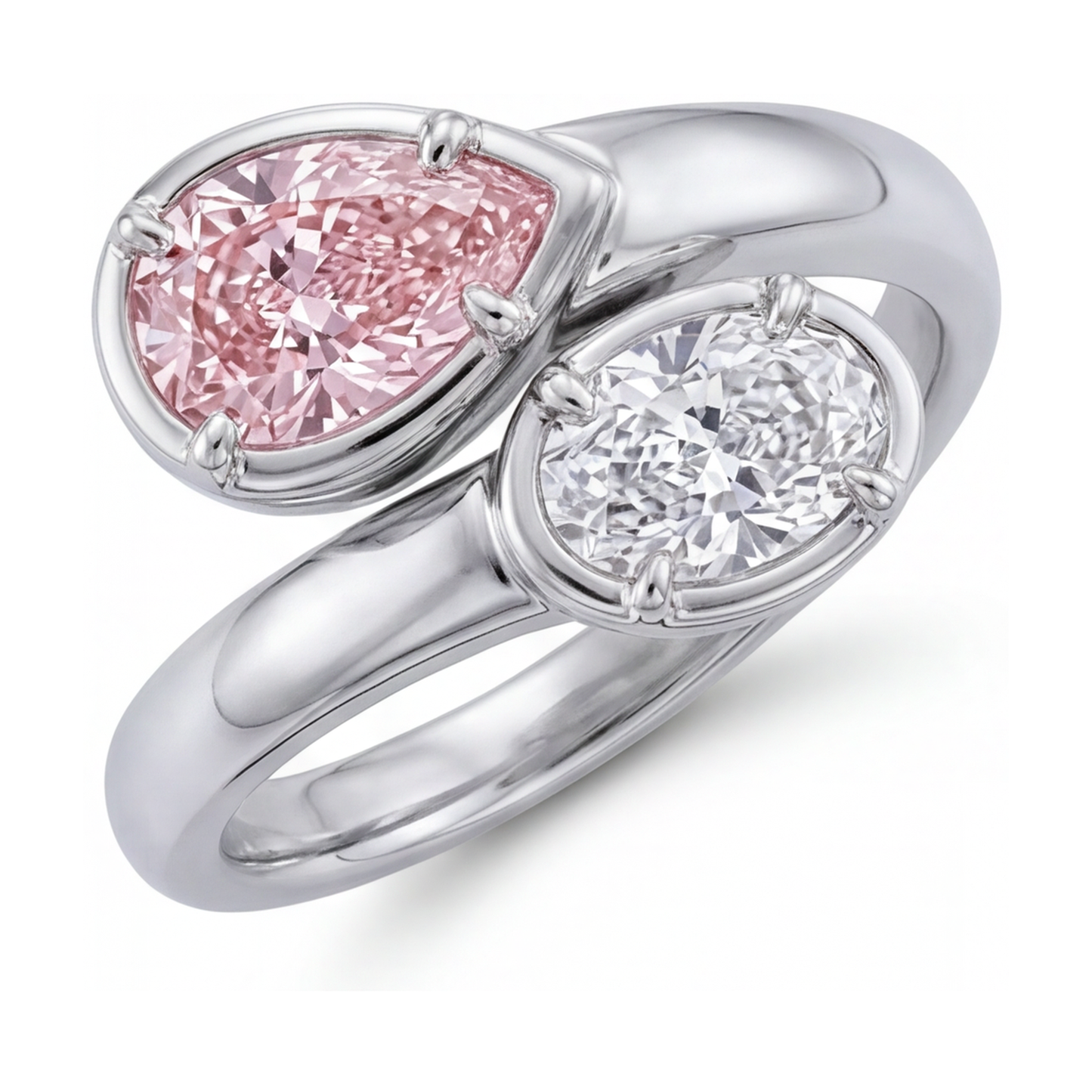 Rosa Diamantring, 3,2 Karat, Tropfenschliff, Toi et Moi, geschwungen