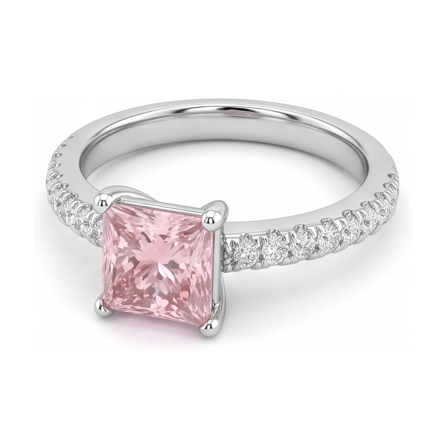 Rosa Diamantring 3,5 Karat im Labor gezüchtet Prinzess-Schliff Pavé Solitär 14 Karat Weißgold