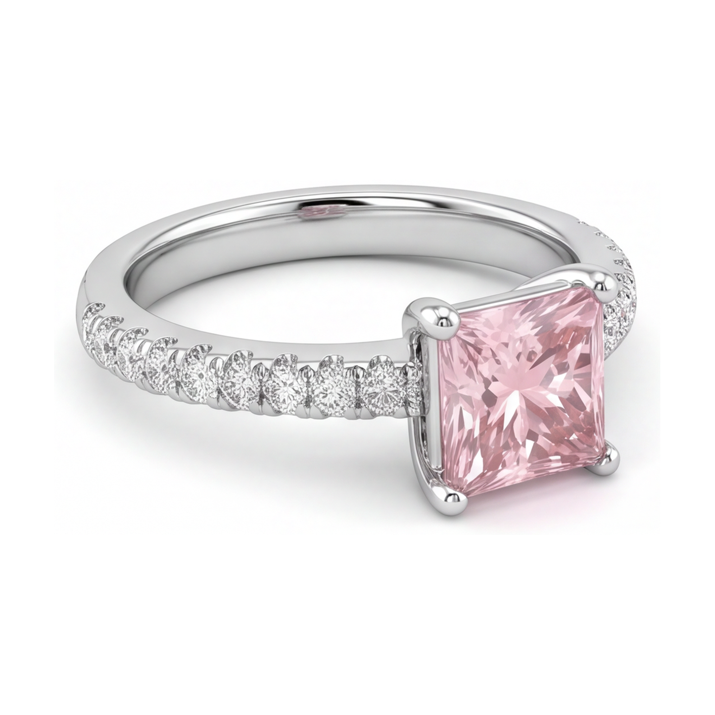 Rosa Diamantring 3,5 Karat im Labor gezüchtet Prinzess-Schliff Pavé Solitär 14 Karat Weißgold