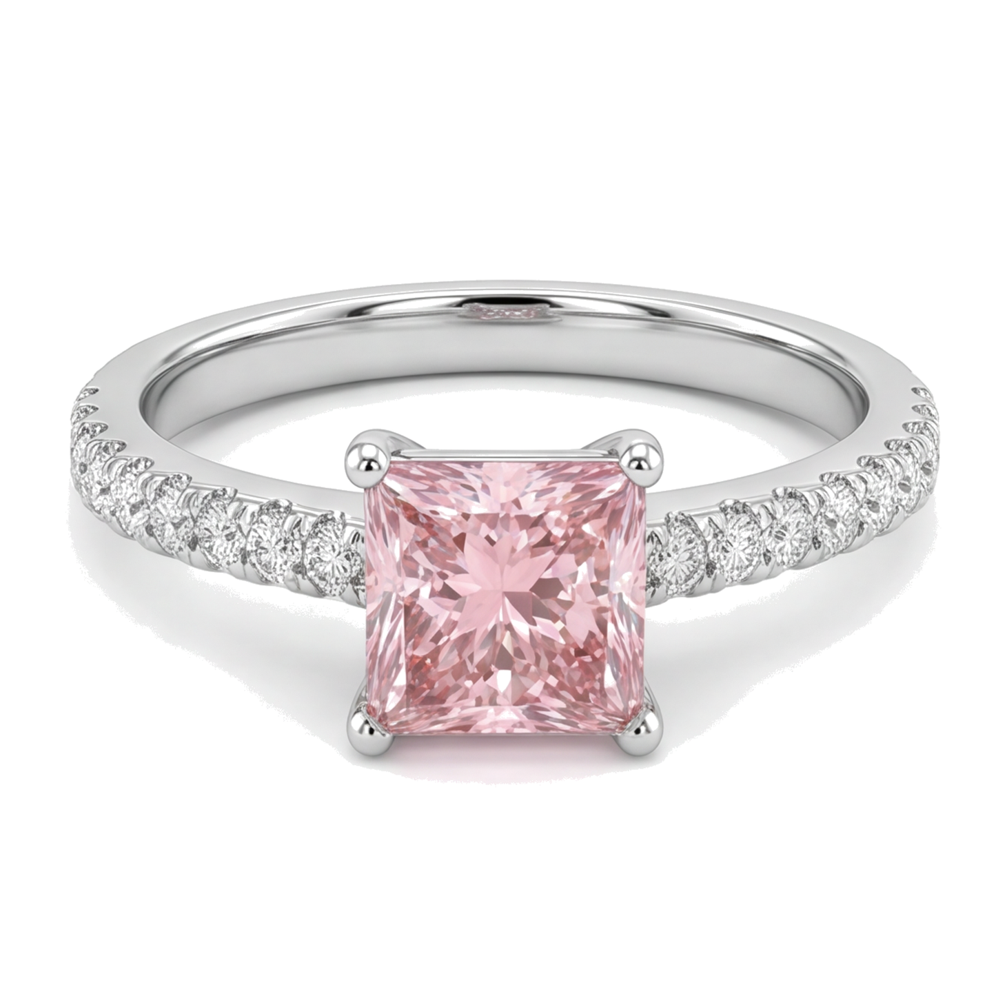 Rosa Diamantring 3,5 Karat im Labor gezüchtet Prinzess-Schliff Pavé Solitär 14 Karat Weißgold