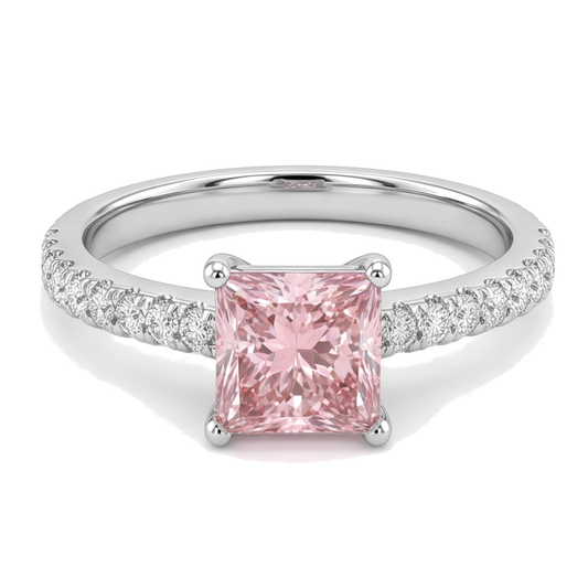 Rosa Diamantring 3,5 Karat im Labor gezüchtet Prinzess-Schliff Pavé Solitär 14 Karat Weißgold
