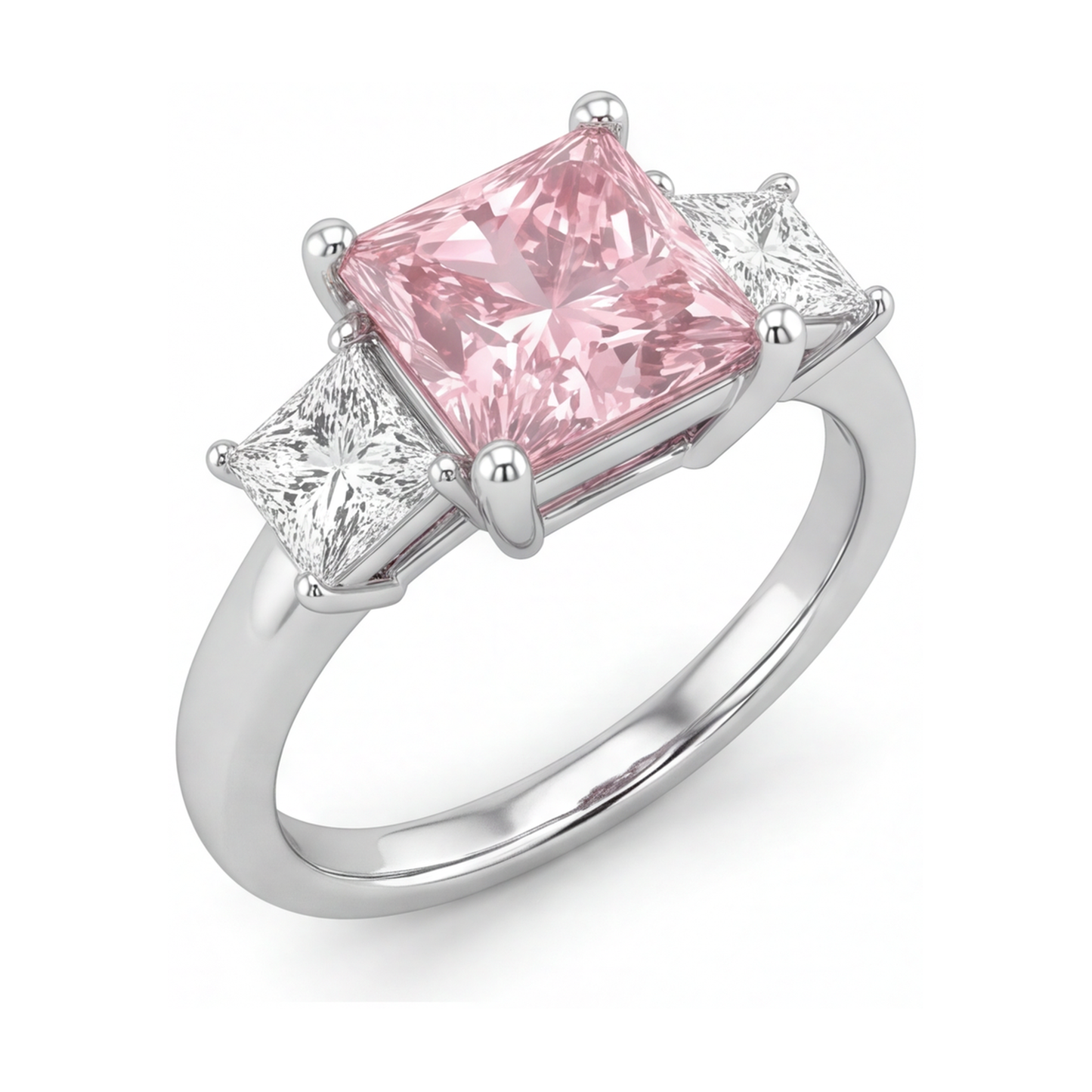 Rosa Diamant Dreistein-Ring 4,5 Karat im Labor gezüchtet Princess-Schliff 14 Karat Weißgold
