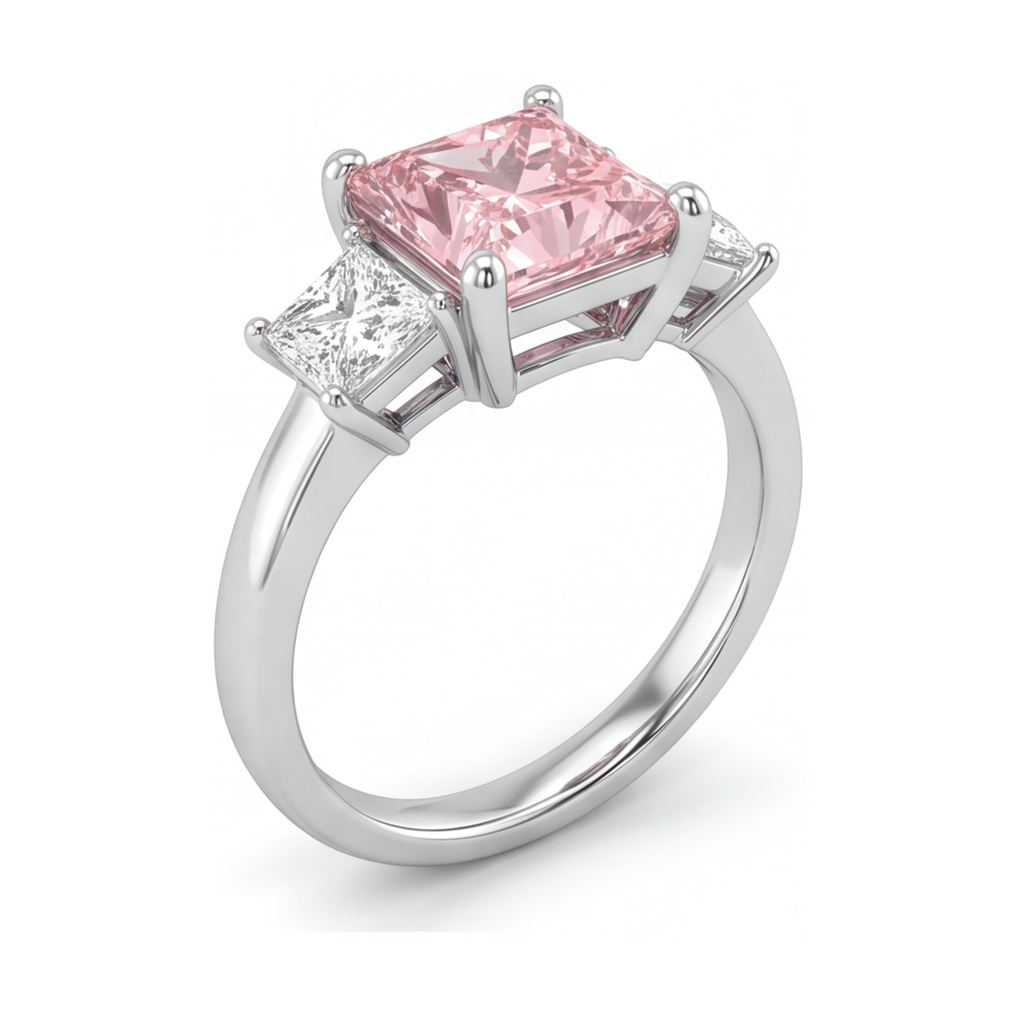 Rosa Diamant Dreistein-Ring 4,5 Karat im Labor gezüchtet Princess-Schliff 14 Karat Weißgold