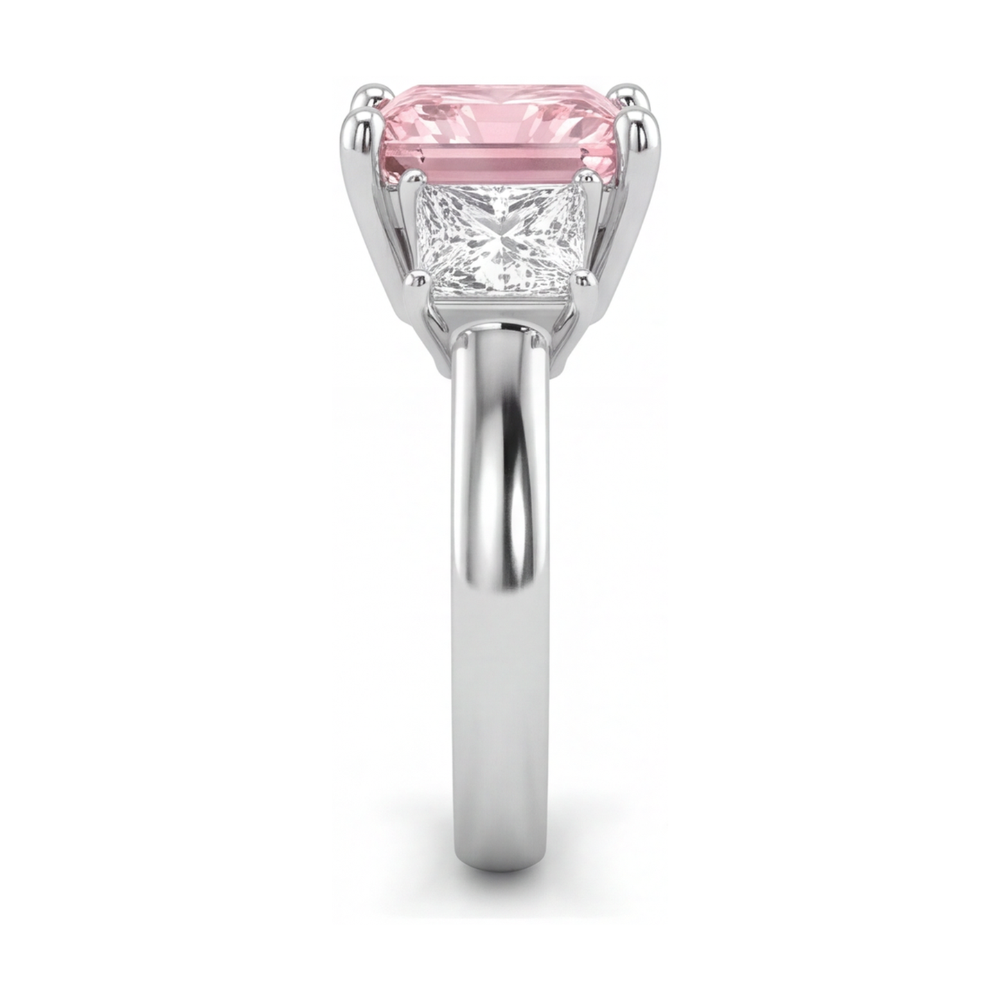 Rosa Diamant Dreistein-Ring 4,5 Karat im Labor gezüchtet Princess-Schliff 14 Karat Weißgold