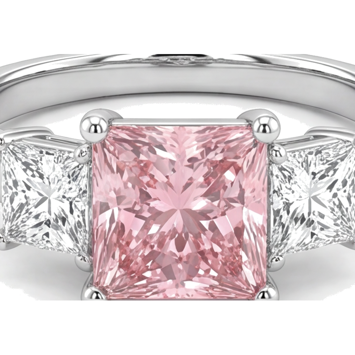 Rosa Diamant Dreistein-Ring 4,5 Karat im Labor gezüchtet Princess-Schliff 14 Karat Weißgold