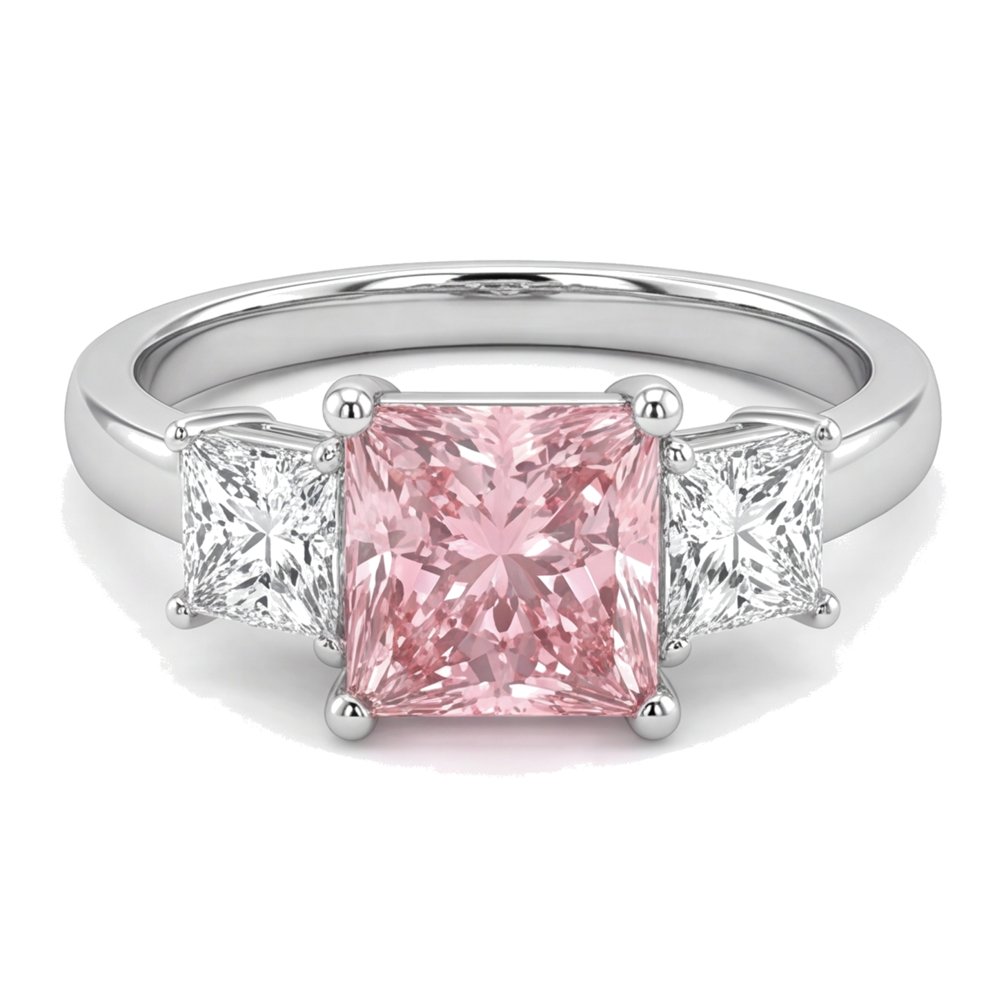 Rosa Diamant Dreistein-Ring 4,5 Karat im Labor gezüchtet Princess-Schliff 14 Karat Weißgold