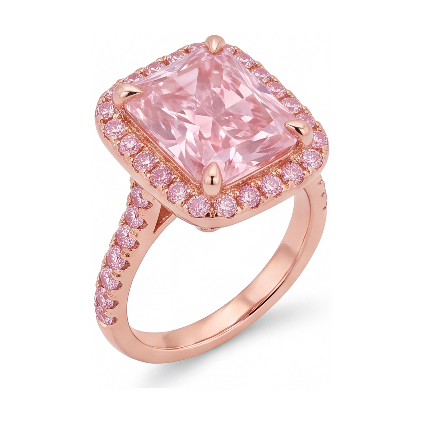 Pinker Diamantring 6 Karat im Labor gezüchtet Radiantschliff Halo Pavé 14 Karat Roségold