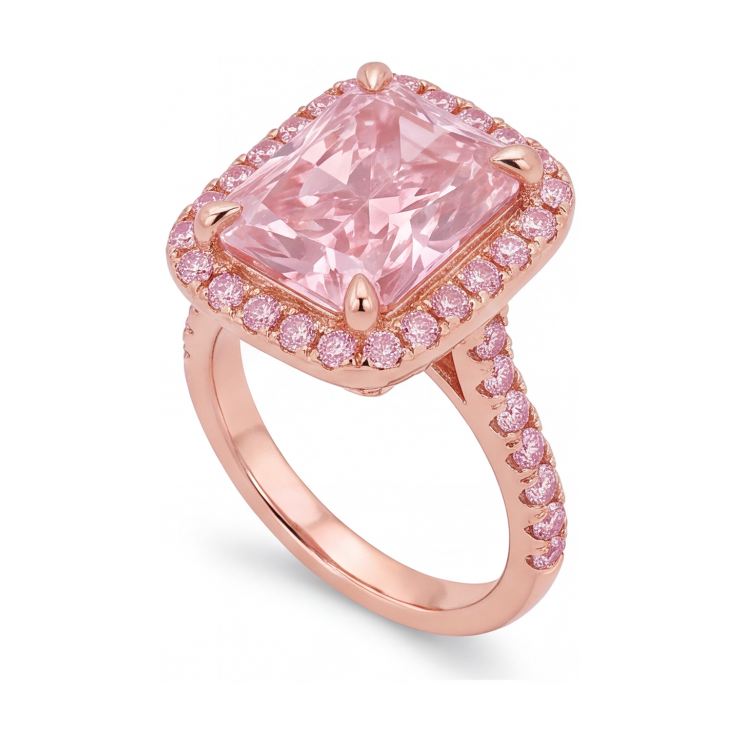Pinker Diamantring 6 Karat im Labor gezüchtet Radiantschliff Halo Pavé 14 Karat Roségold