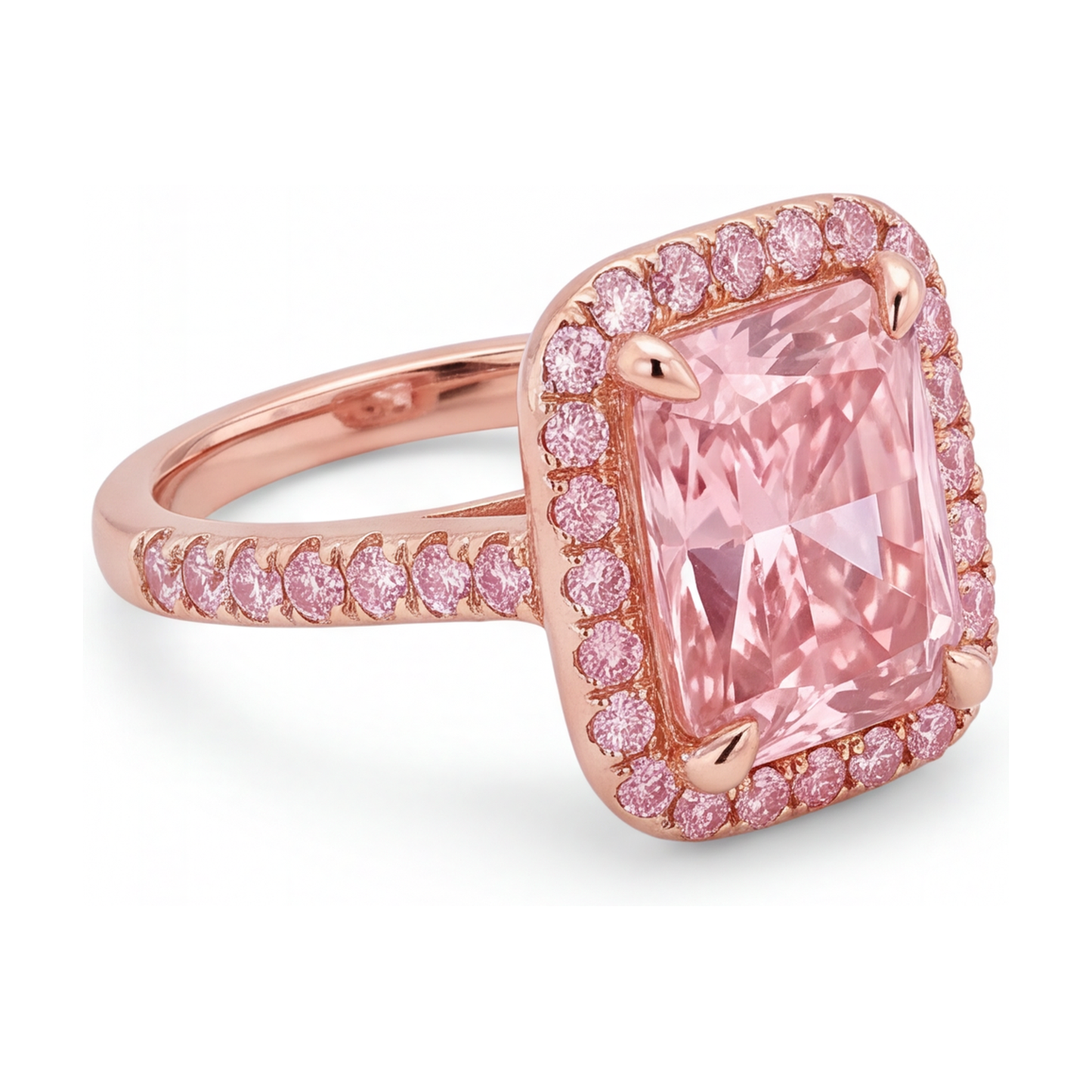 Pinker Diamantring 6 Karat im Labor gezüchtet Radiantschliff Halo Pavé 14 Karat Roségold