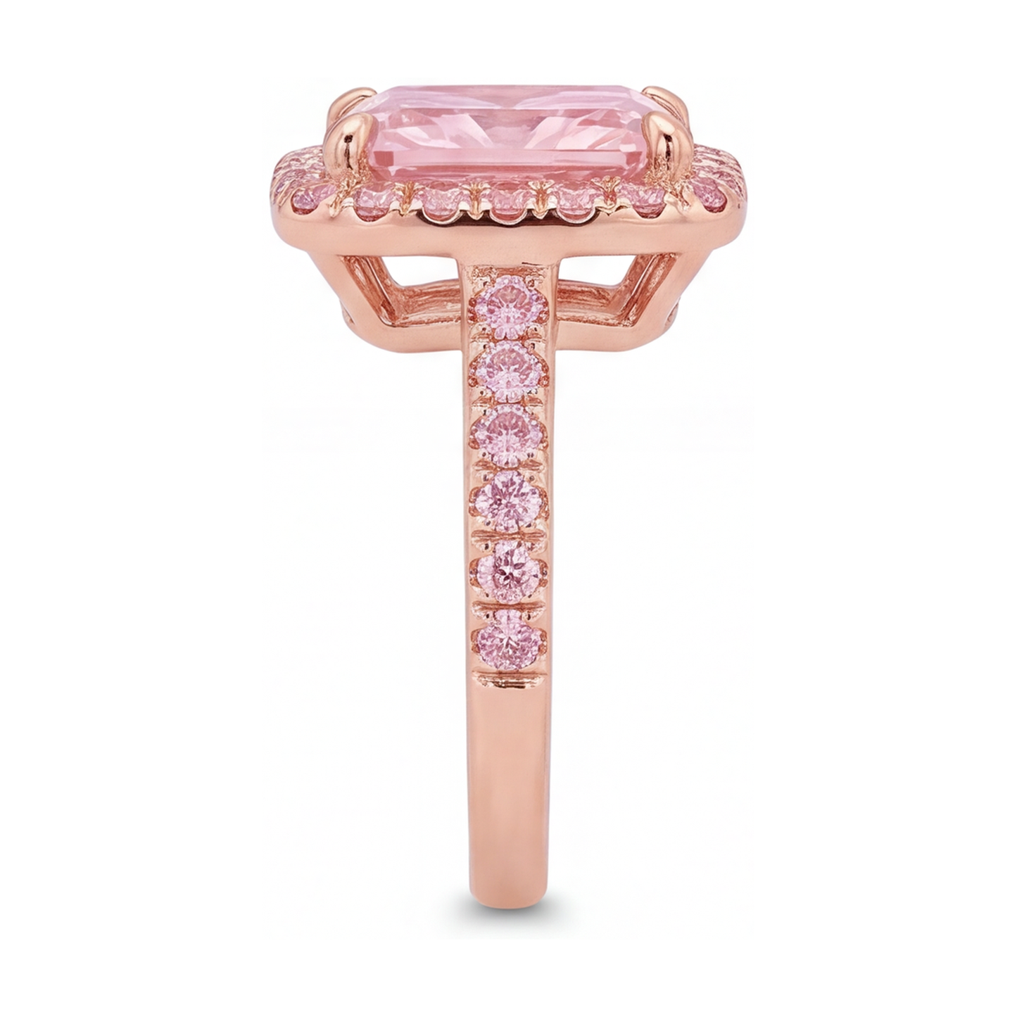 Pinker Diamantring 6 Karat im Labor gezüchtet Radiantschliff Halo Pavé 14 Karat Roségold