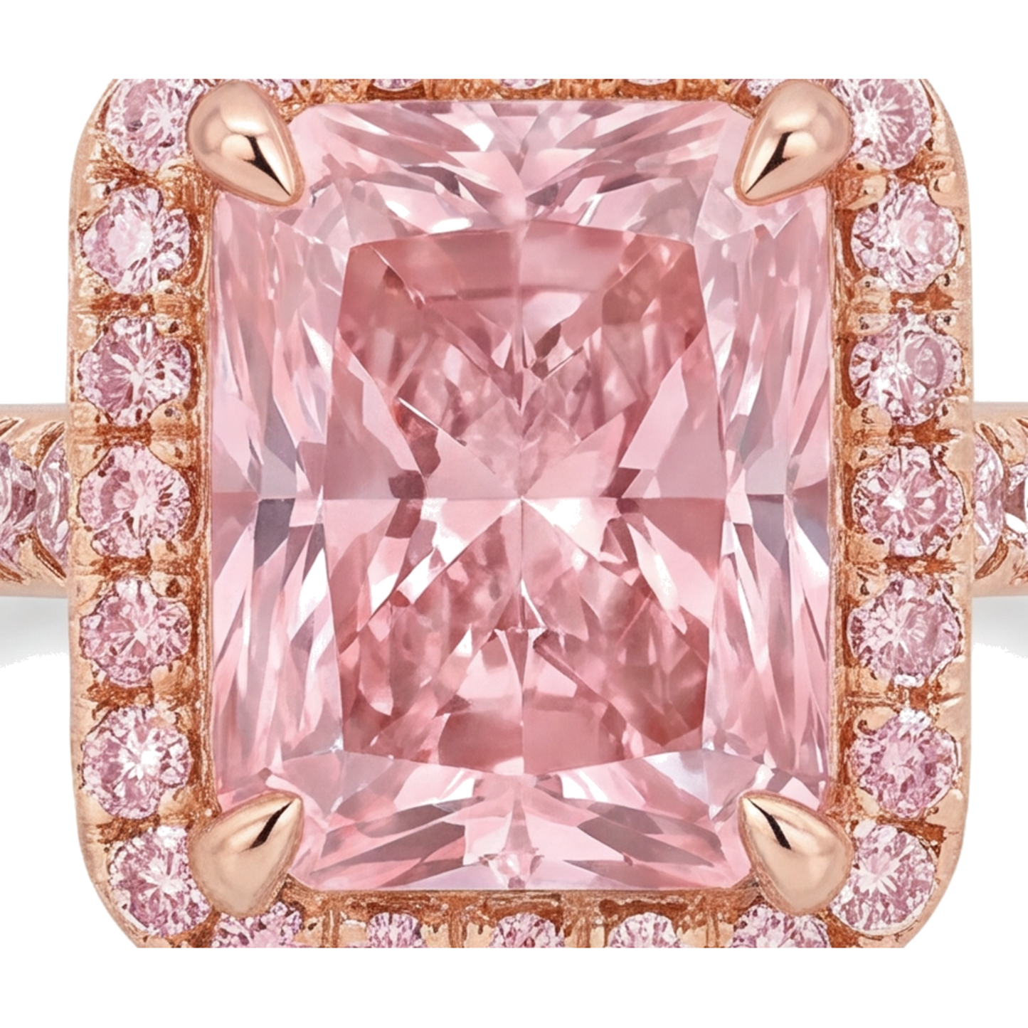 Pinker Diamantring 6 Karat im Labor gezüchtet Radiantschliff Halo Pavé 14 Karat Roségold