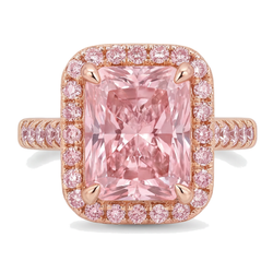 Pinker Diamantring 6 Karat im Labor gezüchtet Radiantschliff Halo Pavé 14 Karat Roségold