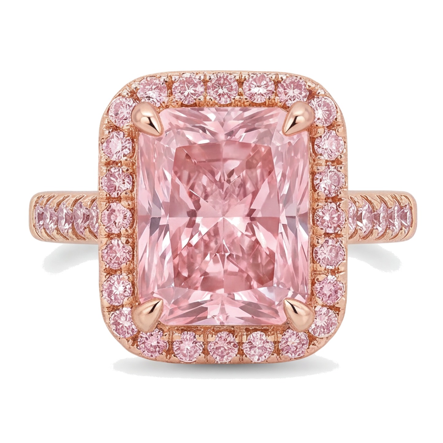 Pinker Diamantring 6 Karat im Labor gezüchtet Radiantschliff Halo Pavé 14 Karat Roségold