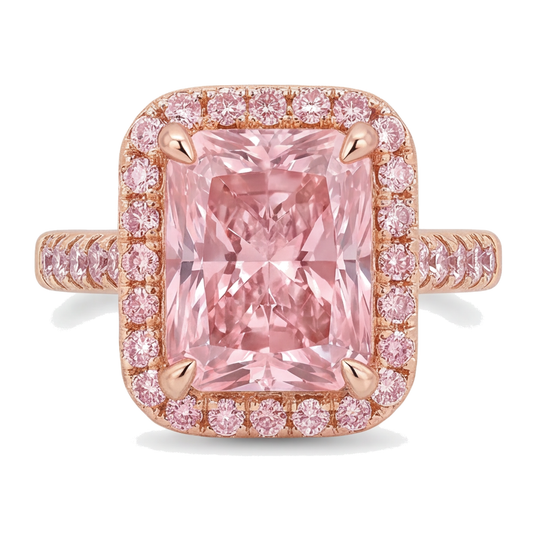 Pinker Diamantring 6 Karat im Labor gezüchtet Radiantschliff Halo Pavé 14 Karat Roségold