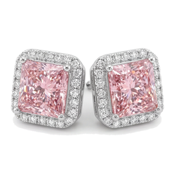 Ohrstecker mit rosa Diamant, 3,5 Karat, im Labor gezüchtet, Radiant Halo, 14 Karat Weißgold