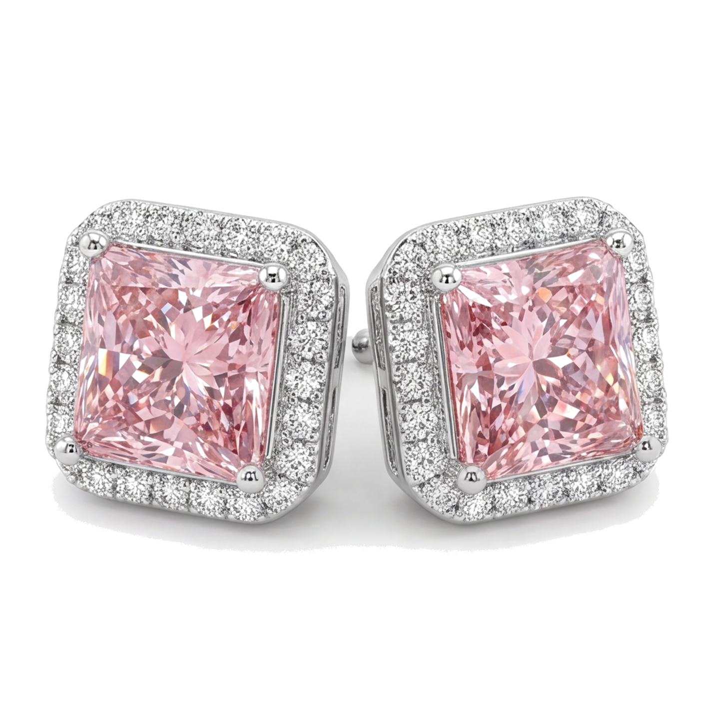 Ohrstecker mit rosa Diamant, 3,5 Karat, im Labor gezüchtet, Radiant Halo, 14 Karat Weißgold