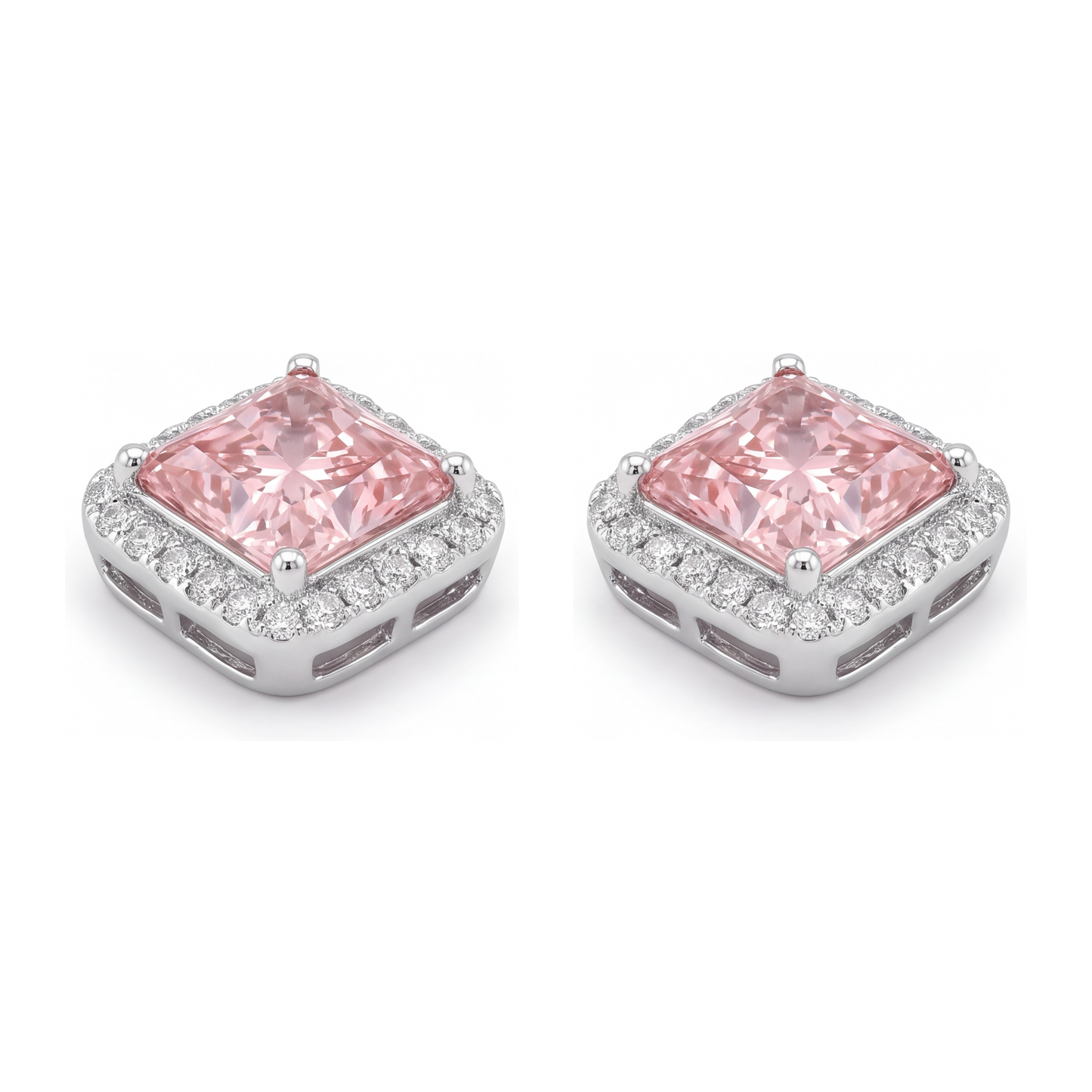 Ohrstecker mit rosa Diamant, 3,5 Karat, im Labor gezüchtet, Radiant Halo, 14 Karat Weißgold