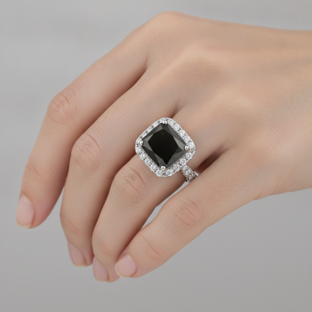Verlobungsring mit schwarzem Diamant 5 Karat Echter Radiantschliff Halo 14 Karat Weißgold