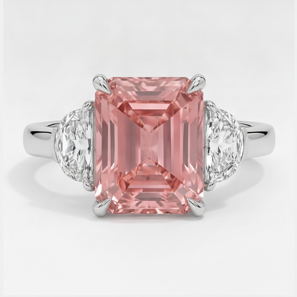 Padparadscha-Saphir-Dreistein-Ring, 3,6 Karat, natürlicher Radiant-Schliff und weisse Halbmonde, Platin