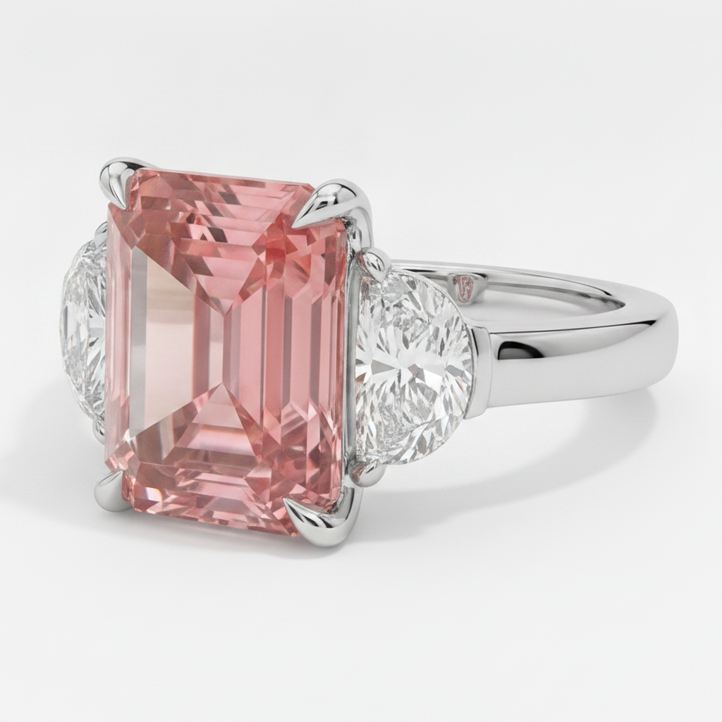Padparadscha-Saphir-Dreistein-Ring, 3,6 Karat, natürlicher Radiant-Schliff und weisse Halbmonde, Platin