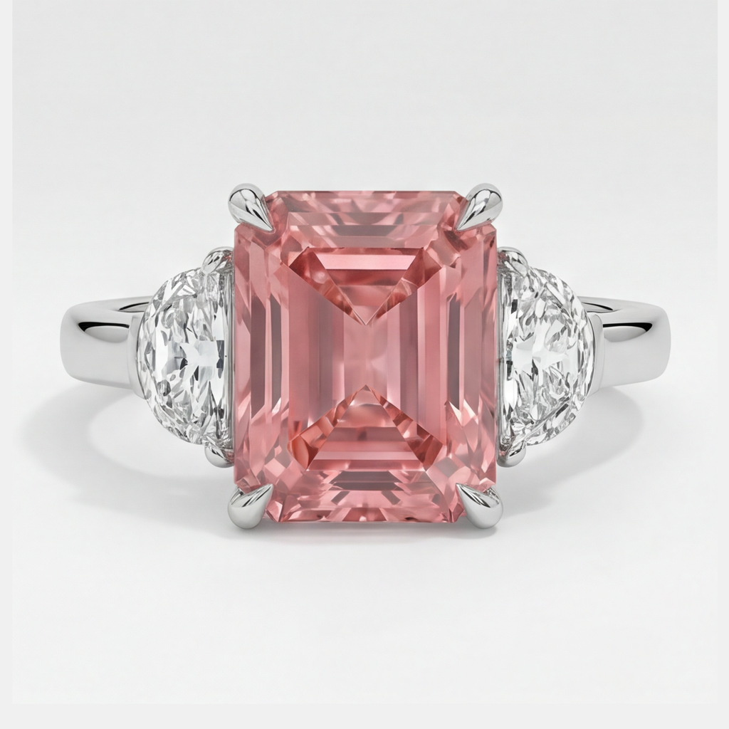Padparadscha-Saphir-Dreistein-Ring, 3,6 Karat, natürlicher Radiant-Schliff und weisse Halbmonde, Platin