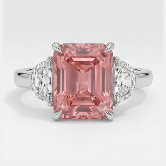 Padparadscha-Saphir-Dreistein-Ring, 3,6 Karat, natürlicher Radiant-Schliff und weisse Halbmonde, Platin