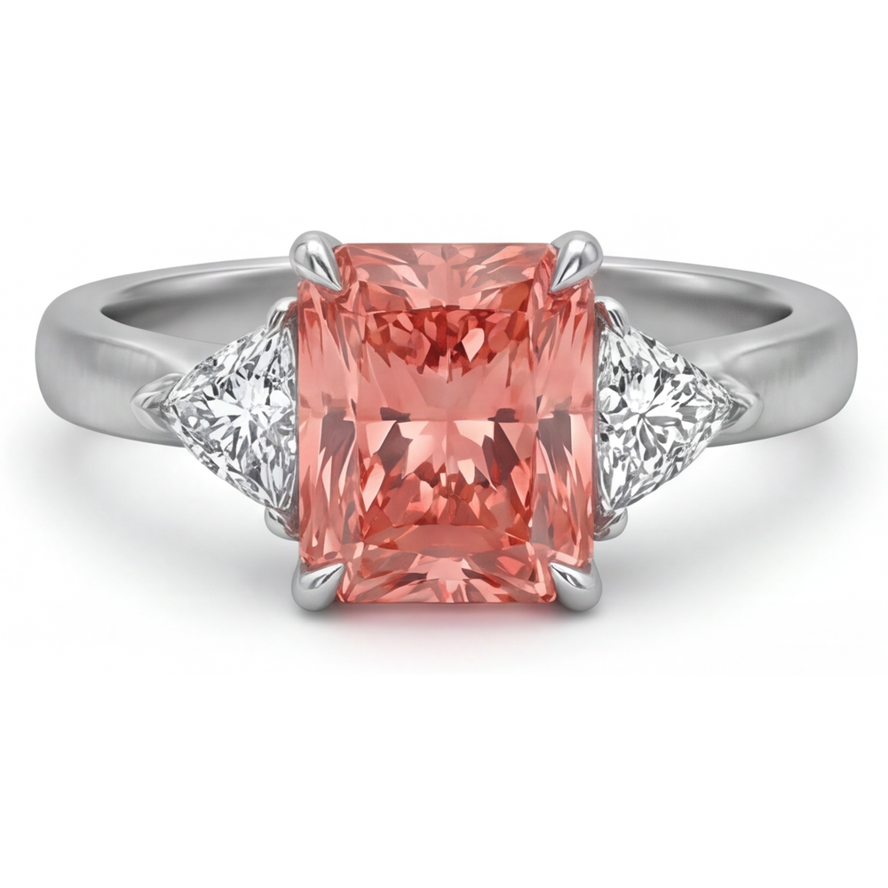 Dreistein-Kathedralenring aus 14 Karat Gold mit echtem pfirsichfarbenem Padparadscha-Saphir von 3,4 Karat im Radiant-Schliff und weissen Trillanten