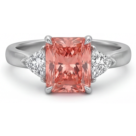 Dreistein-Kathedralenring aus 14 Karat Gold mit echtem pfirsichfarbenem Padparadscha-Saphir von 3,4 Karat im Radiant-Schliff und weissen Trillanten
