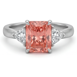 Padparadscha-Saphir-Ring, 2,9 Karat, echter Radiant- und weisser Trillant-Schliff, Dreistein-Ring, 14 Karat Gold