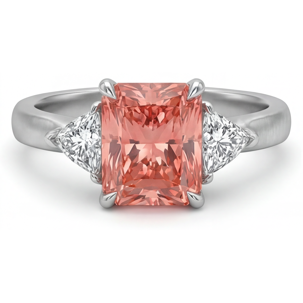 Padparadscha-Saphir-Ring, 2,9 Karat, echter Radiant- und weisser Trillant-Schliff, Dreistein-Ring, 14 Karat Gold