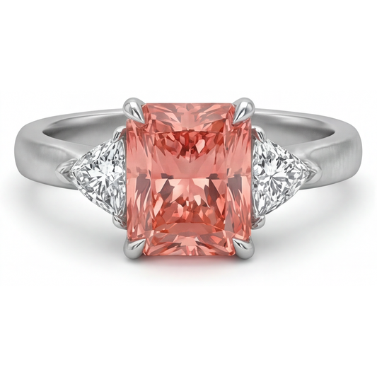 Padparadscha-Saphir-Ring, 2,9 Karat, echter Radiant- und weisser Trillant-Schliff, Dreistein-Ring, 14 Karat Gold