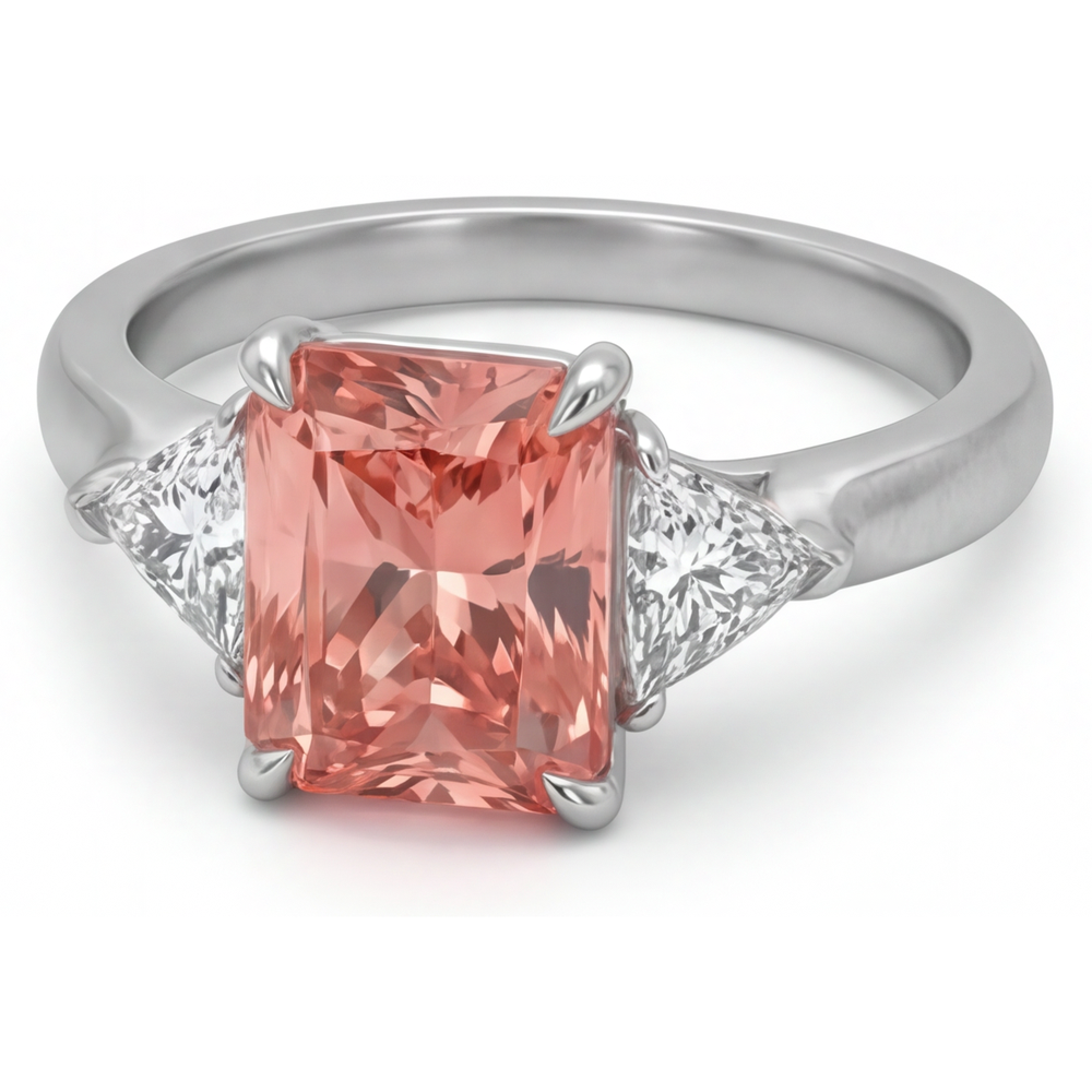Dreistein-Kathedralenring aus 14 Karat Gold mit echtem pfirsichfarbenem Padparadscha-Saphir von 3,4 Karat im Radiant-Schliff und weissen Trillanten