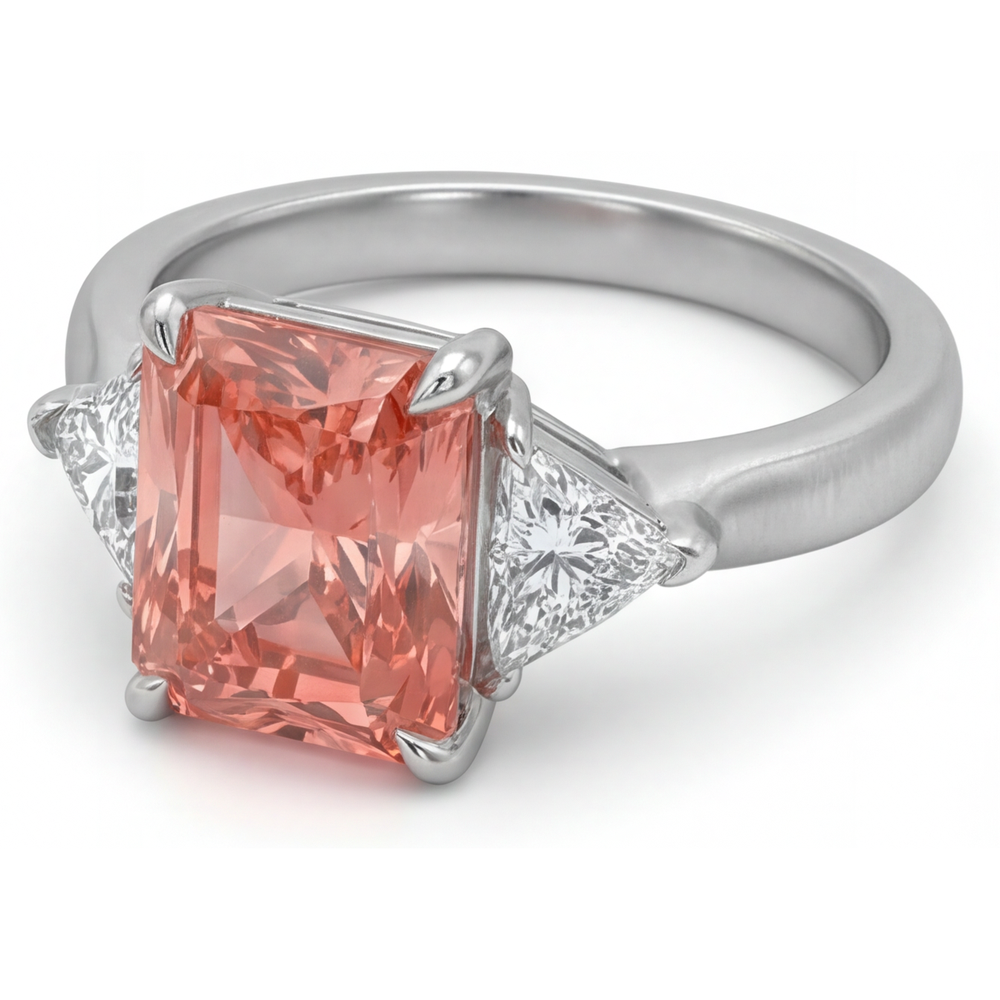Padparadscha-Saphir-Ring, 2,9 Karat, echter Radiant- und weisser Trillant-Schliff, Dreistein-Ring, 14 Karat Gold