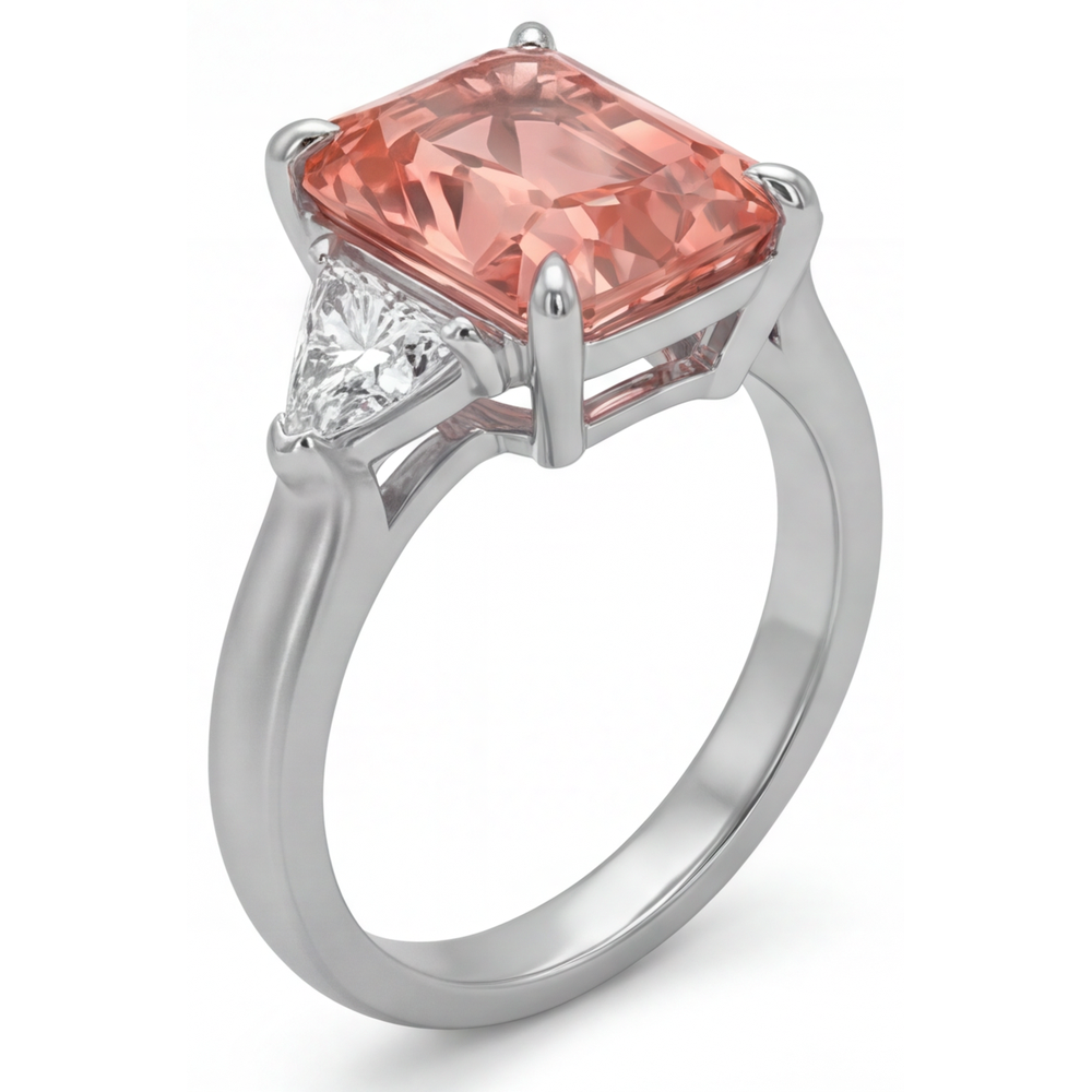 Dreistein-Kathedralenring aus 14 Karat Gold mit echtem pfirsichfarbenem Padparadscha-Saphir von 3,4 Karat im Radiant-Schliff und weissen Trillanten