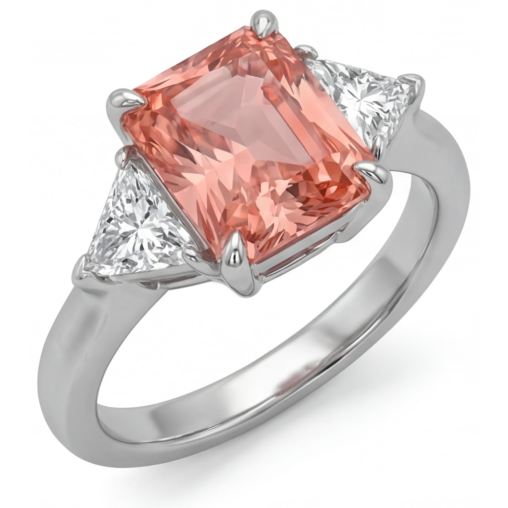 Padparadscha-Saphir-Ring, 2,9 Karat, echter Radiant- und weisser Trillant-Schliff, Dreistein-Ring, 14 Karat Gold