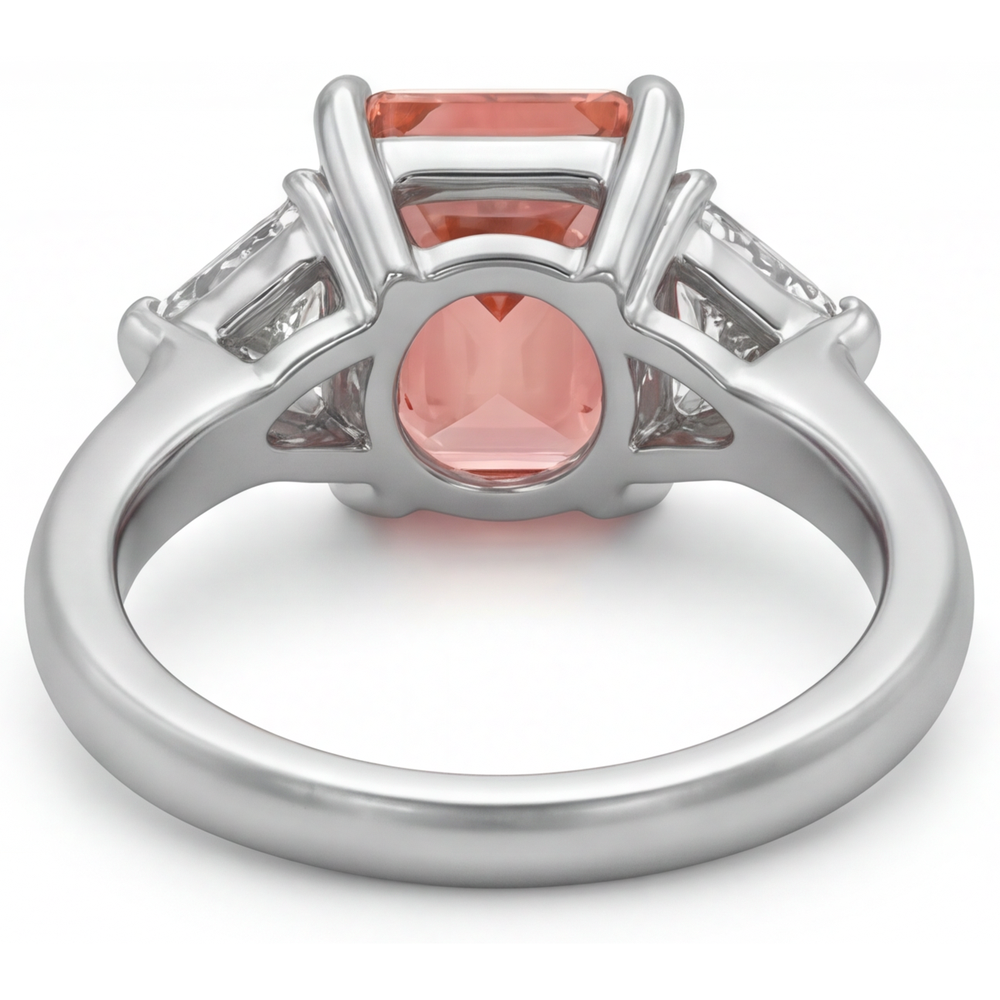 Padparadscha-Saphir-Ring, 2,9 Karat, echter Radiant- und weisser Trillant-Schliff, Dreistein-Ring, 14 Karat Gold