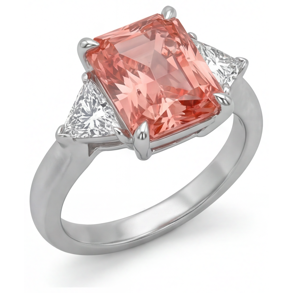 Dreistein-Kathedralenring aus 14 Karat Gold mit echtem pfirsichfarbenem Padparadscha-Saphir von 3,4 Karat im Radiant-Schliff und weissen Trillanten
