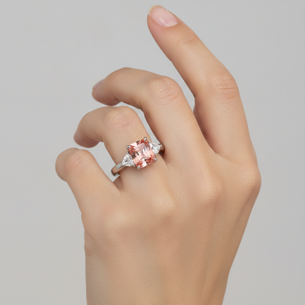 Dreistein-Kathedralenring aus 14 Karat Gold mit echtem pfirsichfarbenem Padparadscha-Saphir von 3,4 Karat im Radiant-Schliff und weissen Trillanten
