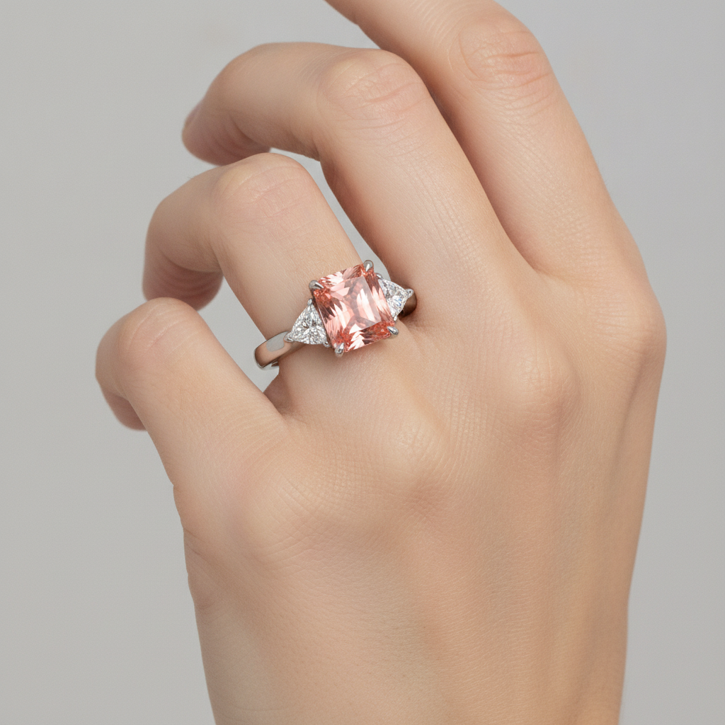 Padparadscha-Saphir-Ring, 2,9 Karat, echter Radiant- und weisser Trillant-Schliff, Dreistein-Ring, 14 Karat Gold