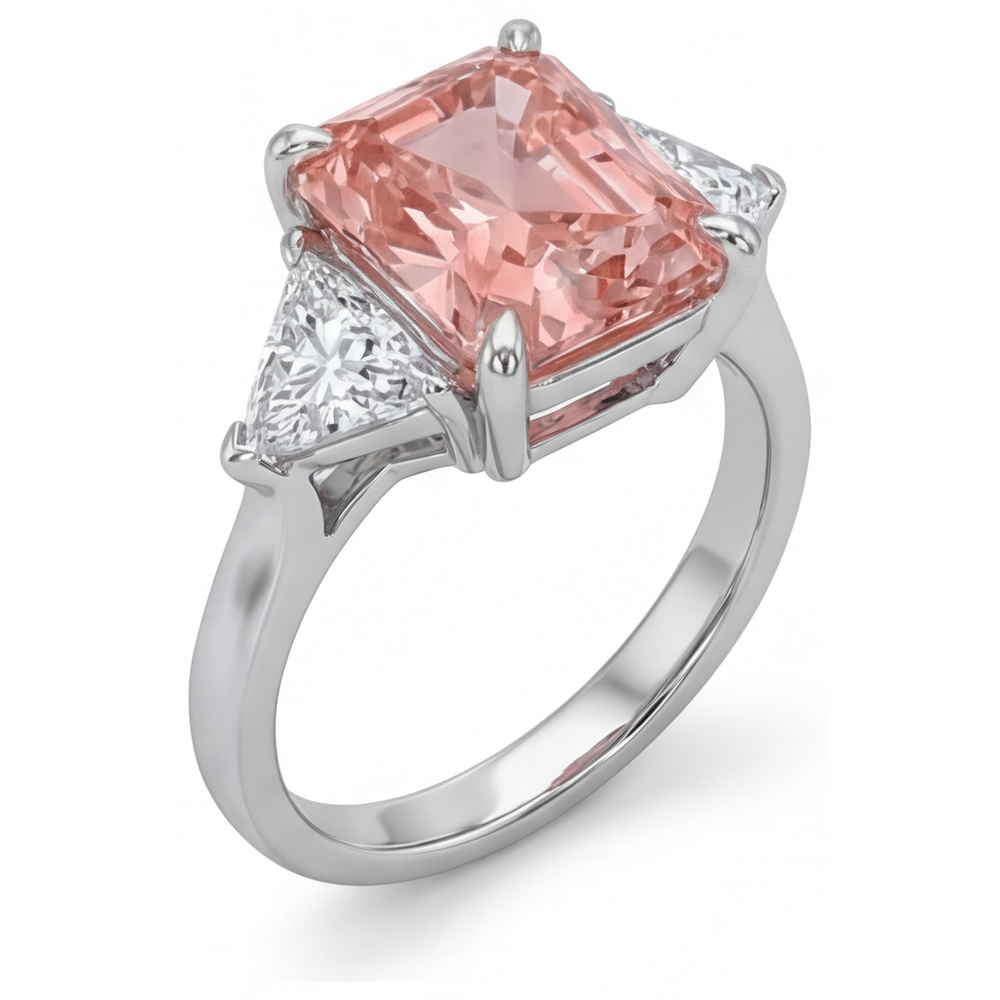 Pfirsich-Saphir-Verlobungsring 2,9 Karat, echter Padparadscha im Radiant-Schliff und weisse Trillanten, Dreistein-Design, schlichtes 14-Karat-Gold