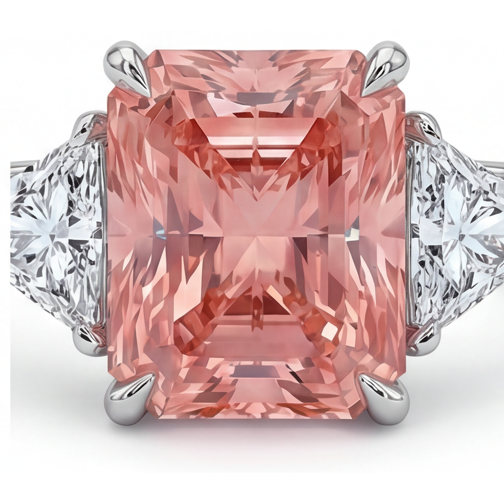 Pfirsich-Saphir-Verlobungsring 2,9 Karat, echter Padparadscha im Radiant-Schliff und weisse Trillanten, Dreistein-Design, schlichtes 14-Karat-Gold