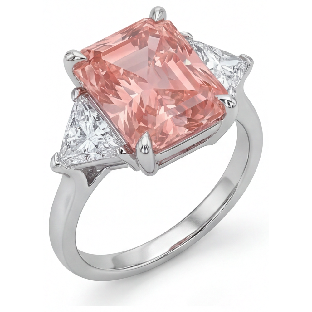 Pfirsich-Saphir-Verlobungsring 2,9 Karat, echter Padparadscha im Radiant-Schliff und weisse Trillanten, Dreistein-Design, schlichtes 14-Karat-Gold