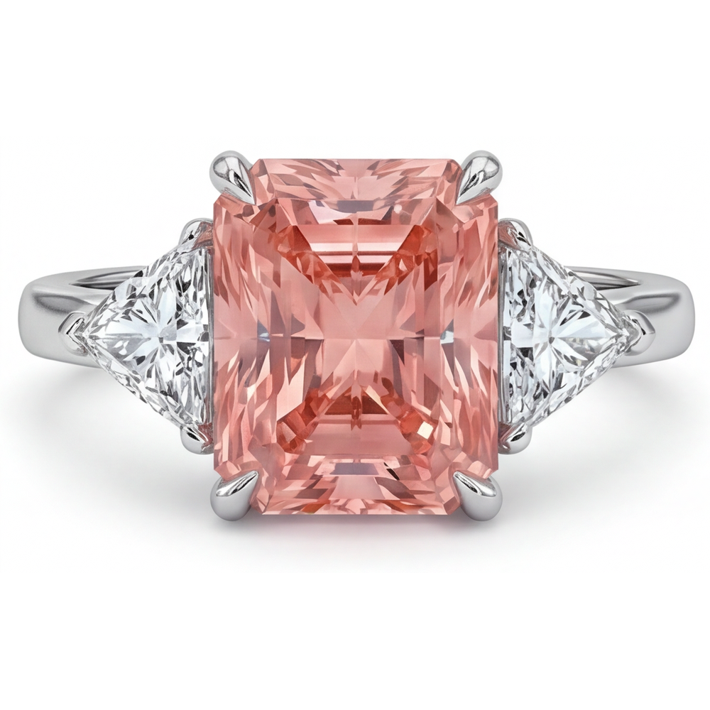 Pfirsich-Saphir-Verlobungsring 2,9 Karat, echter Padparadscha im Radiant-Schliff und weisse Trillanten, Dreistein-Design, schlichtes 14-Karat-Gold
