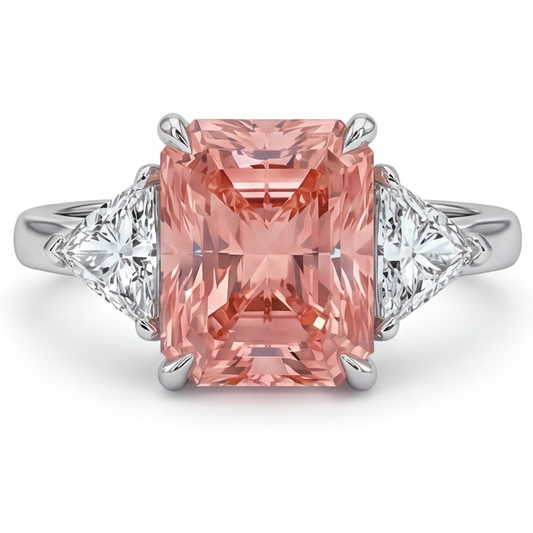 Pfirsich-Saphir-Verlobungsring 2,9 Karat, echter Padparadscha im Radiant-Schliff und weisse Trillanten, Dreistein-Design, schlichtes 14-Karat-Gold